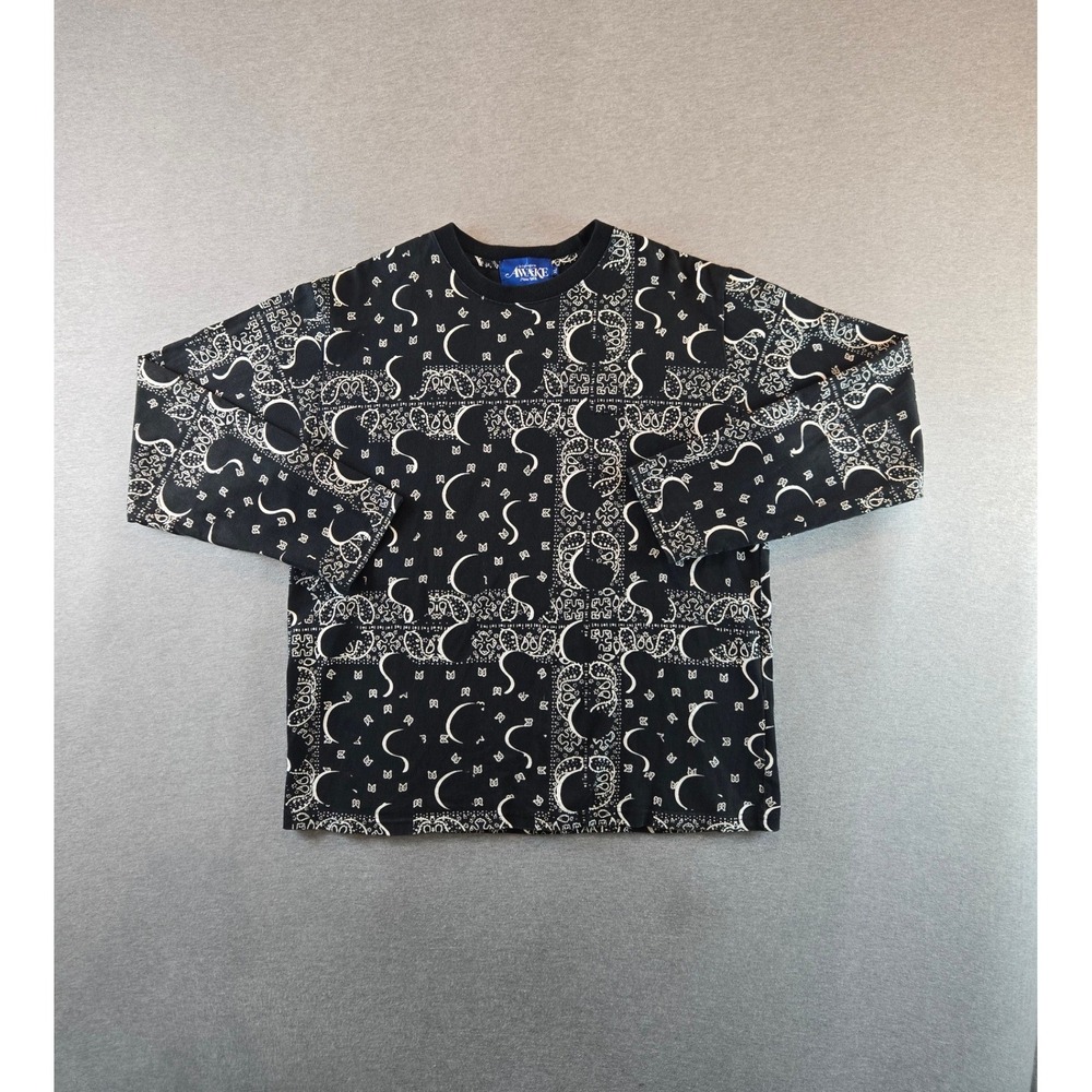 Awake NY Shirt Mens XL Black White Big Paisley Long Sleeve Bandana Print Tee